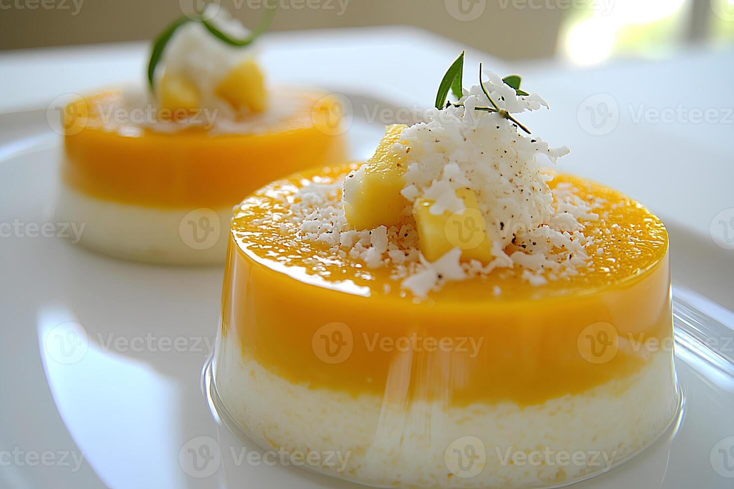 A delicious serving of creamy mango pudding topped with coconut flakes, elegantly arranged on a clean white plate, offering a tropical and refreshing dessert experience photo
