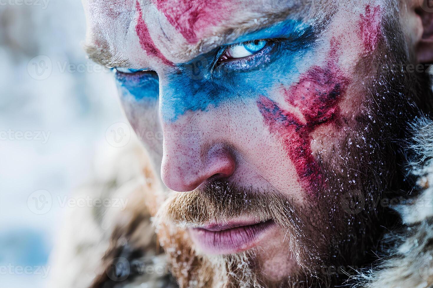 Intense close-up portrait of a man with a beard and artistic face paint, creating a dramatic and expressive look photo
