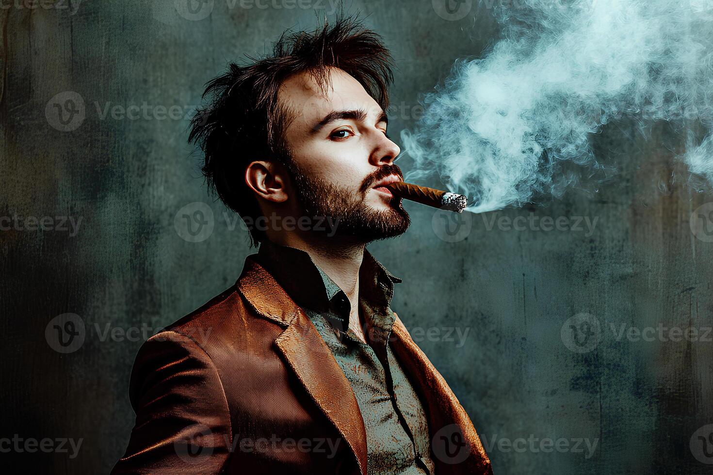 A captivating portrait of a handsome man smoking a cigar, showcasing his confident demeanor and refined fashion sense, embodying men's beauty and style photo