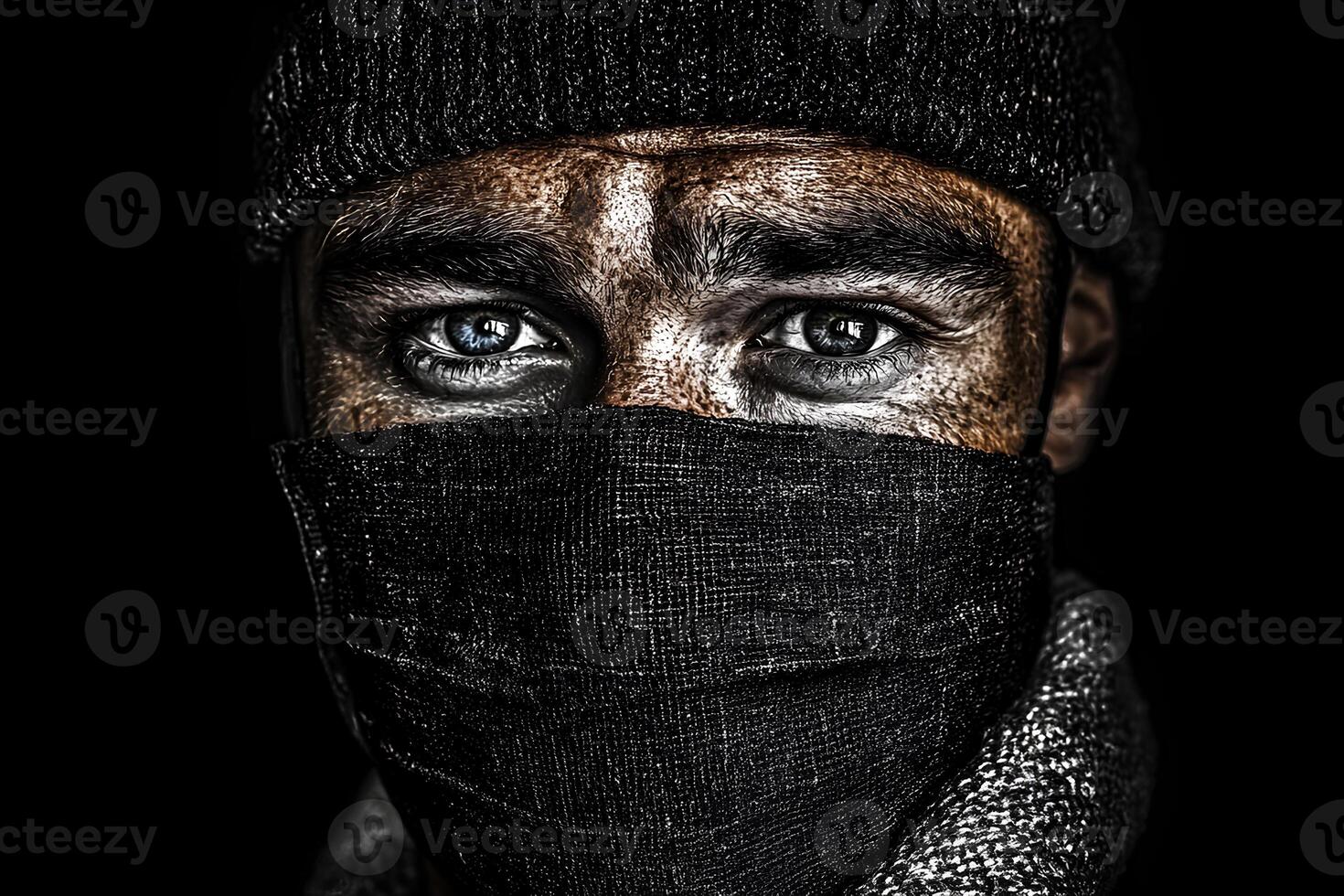 A striking close-up portrait of a man wearing a black mask, captured in a studio setting, highlighting his intense expression and the mysterious aura created by the mask photo