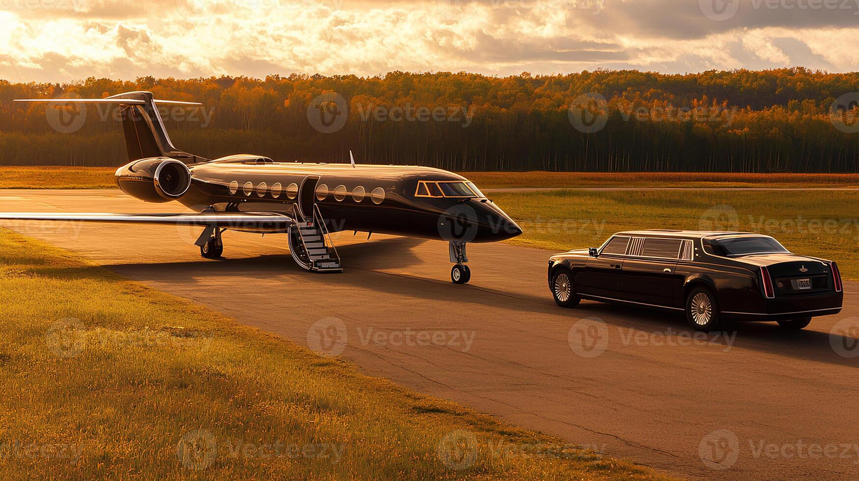 A stunning rear view of a private jet and a passenger plane soaring through the sky at sunset, creating a beautiful contrast against the vibrant sky photo