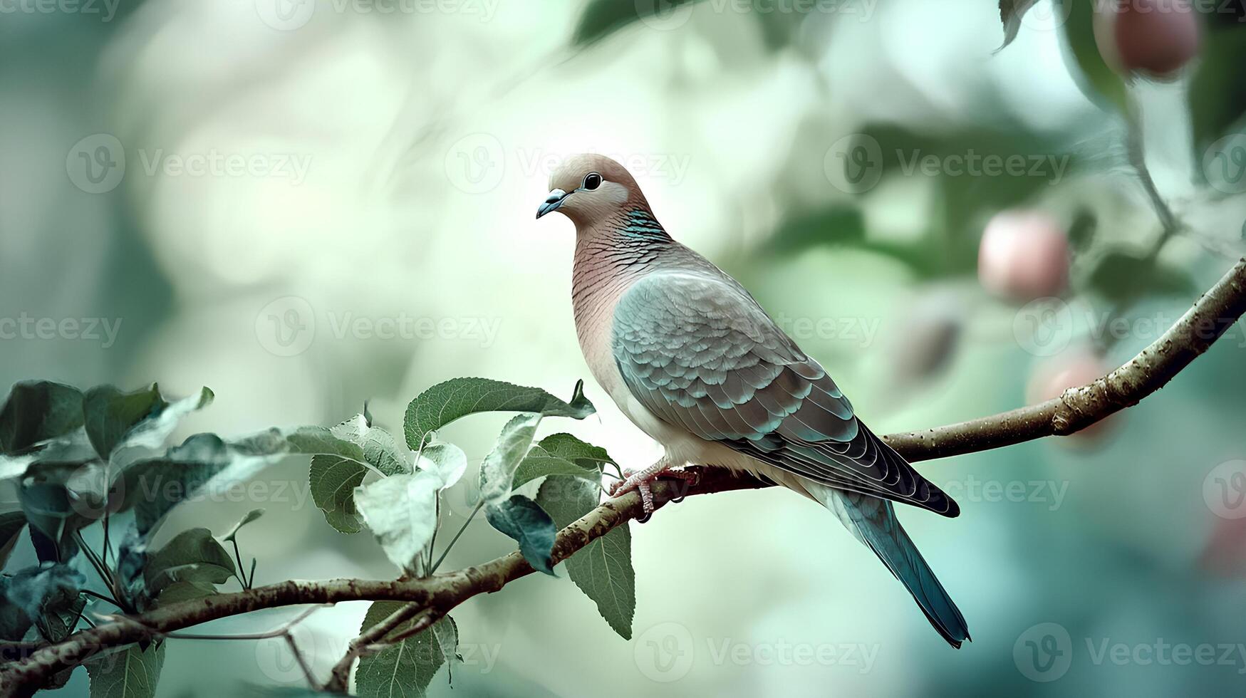 A calm and serene image of a pigeon resting on a branch in a lush garden, surrounded by greenery and nature, creating a peaceful outdoor atmosphere photo