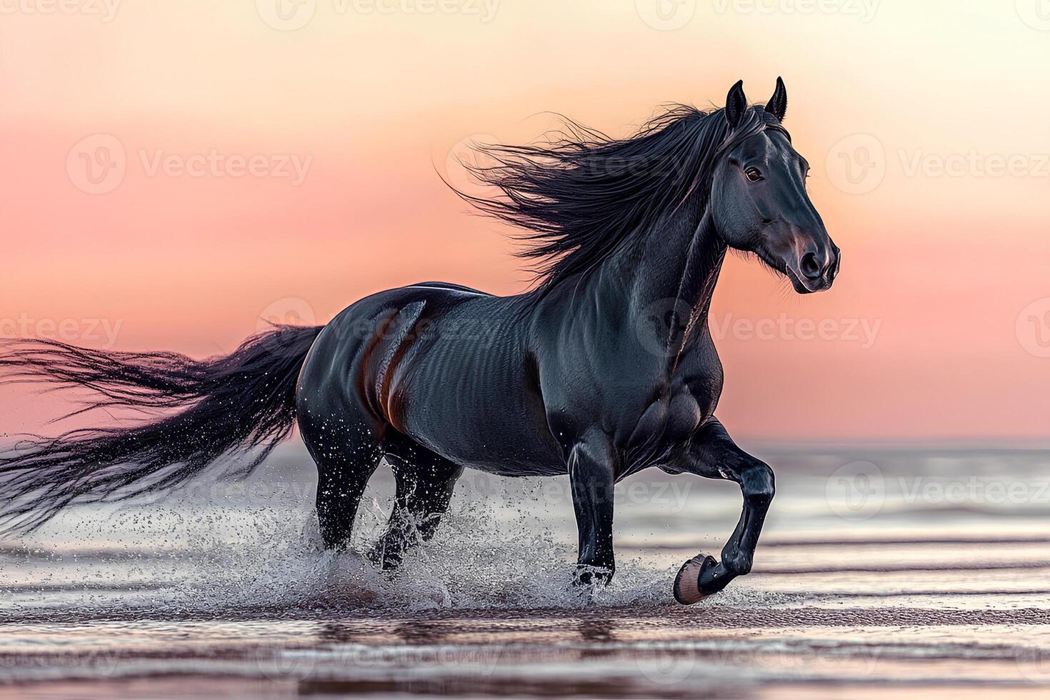 A powerful black horse galloping along the beach at sunset, with the golden light reflecting on the water and the dramatic sky enhancing the sense of freedom and beauty photo