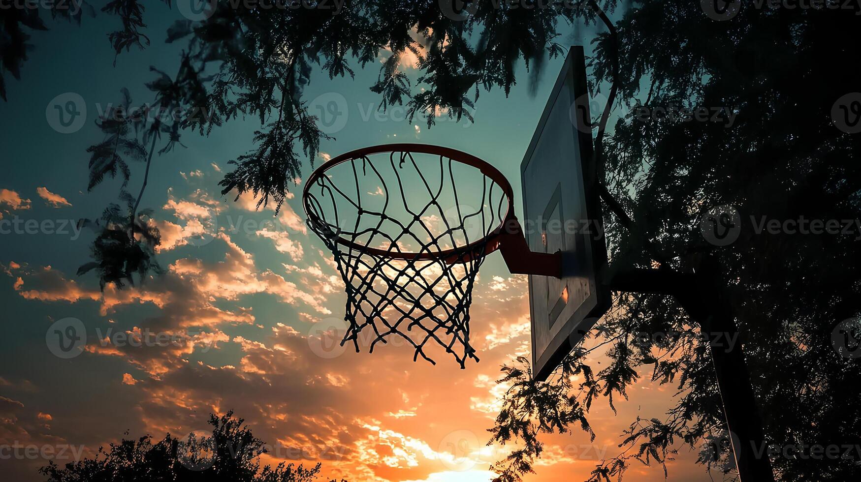 A striking image of a basketball hoop and net silhouetted against the vibrant colors of a sunset sky, capturing the essence of outdoor sports and evening tranquility photo