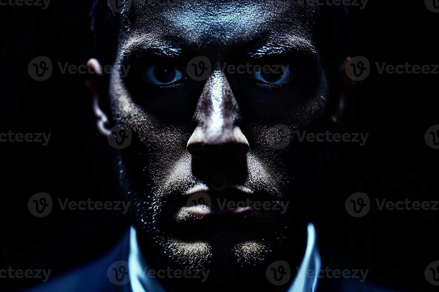A striking close-up portrait of a man wearing a blue suit, with his face painted in artistic designs. The contrast between his sharp attire and the vibrant face paint creates a bold and creative look photo