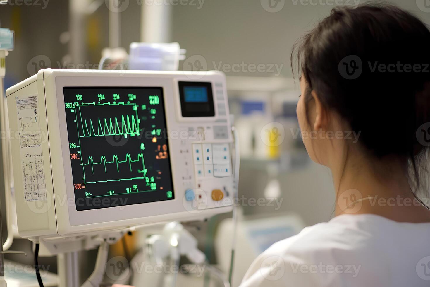 Close-up view of a female patient connected to an ECG monitor in a hospital, showing real-time heart activity in a medical setting photo