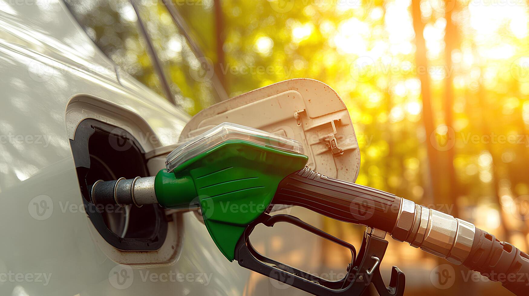 Refueling the car with gasoline at a gas station in the forest photo