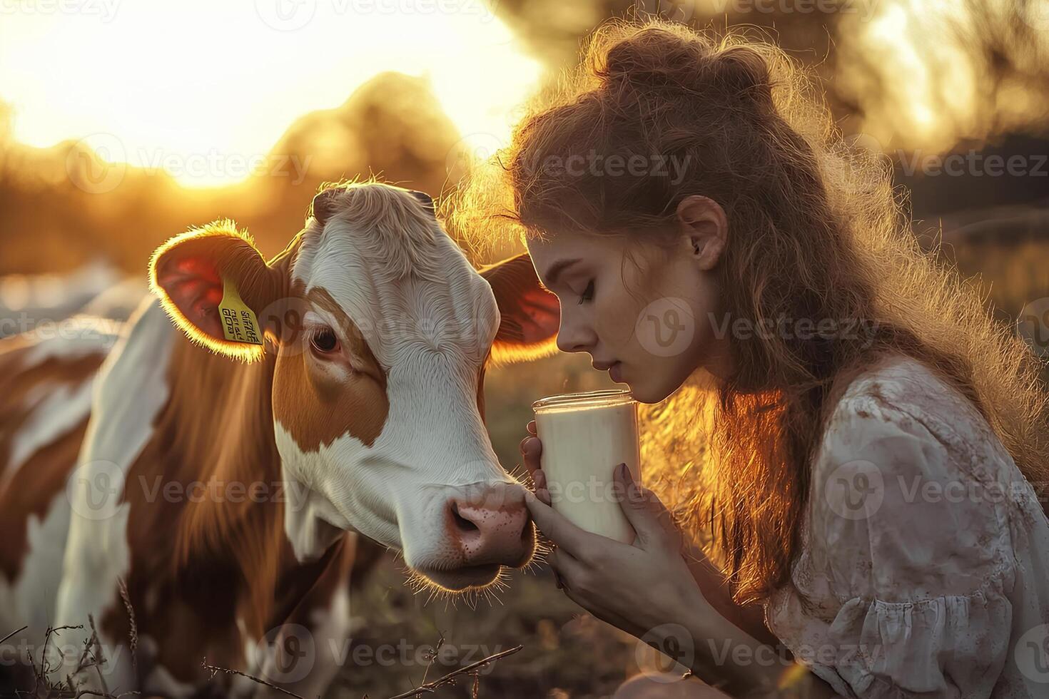 A serene portrait of a beautiful young woman holding milk in the field at sunset, standing beside a cow, capturing the peaceful connection between nature and farming photo