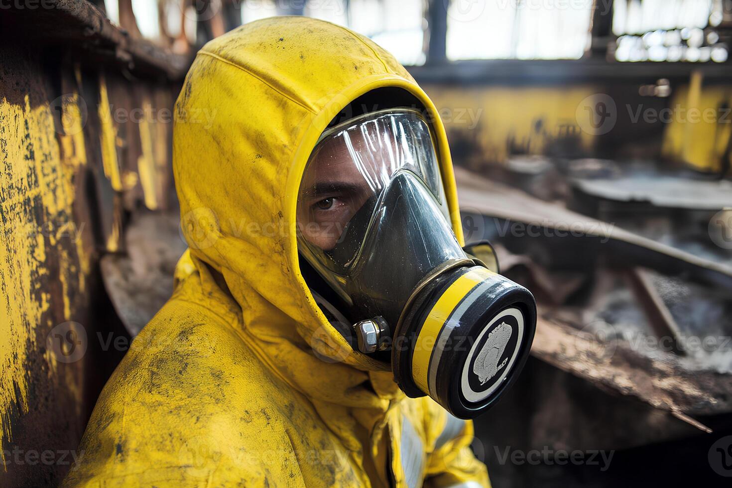 Mysterious portrait of a man wearing a gas mask, standing in front of the decaying walls of an abandoned building, evoking a post-apocalyptic atmosphere photo