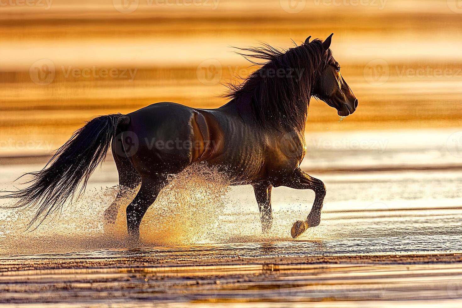 Close-up shot of a bay stallion running through the water at sunset, with the golden light reflecting on the waves and highlighting the strength and beauty of the horse photo