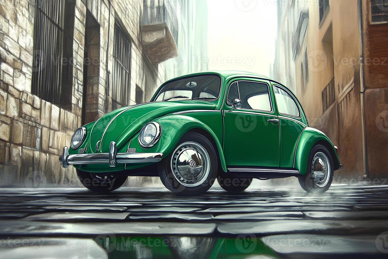 An old green car parked on a rainy street, with water droplets covering its surface, creating a moody and nostalgic atmosphere photo