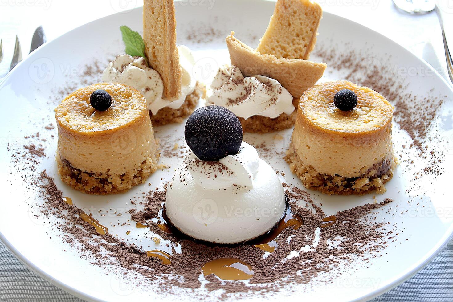 A mouthwatering tiramisu dessert served on a white plate, with a selective focus on the layers of this classic Italian treat, showcasing its creamy texture and rich flavor photo