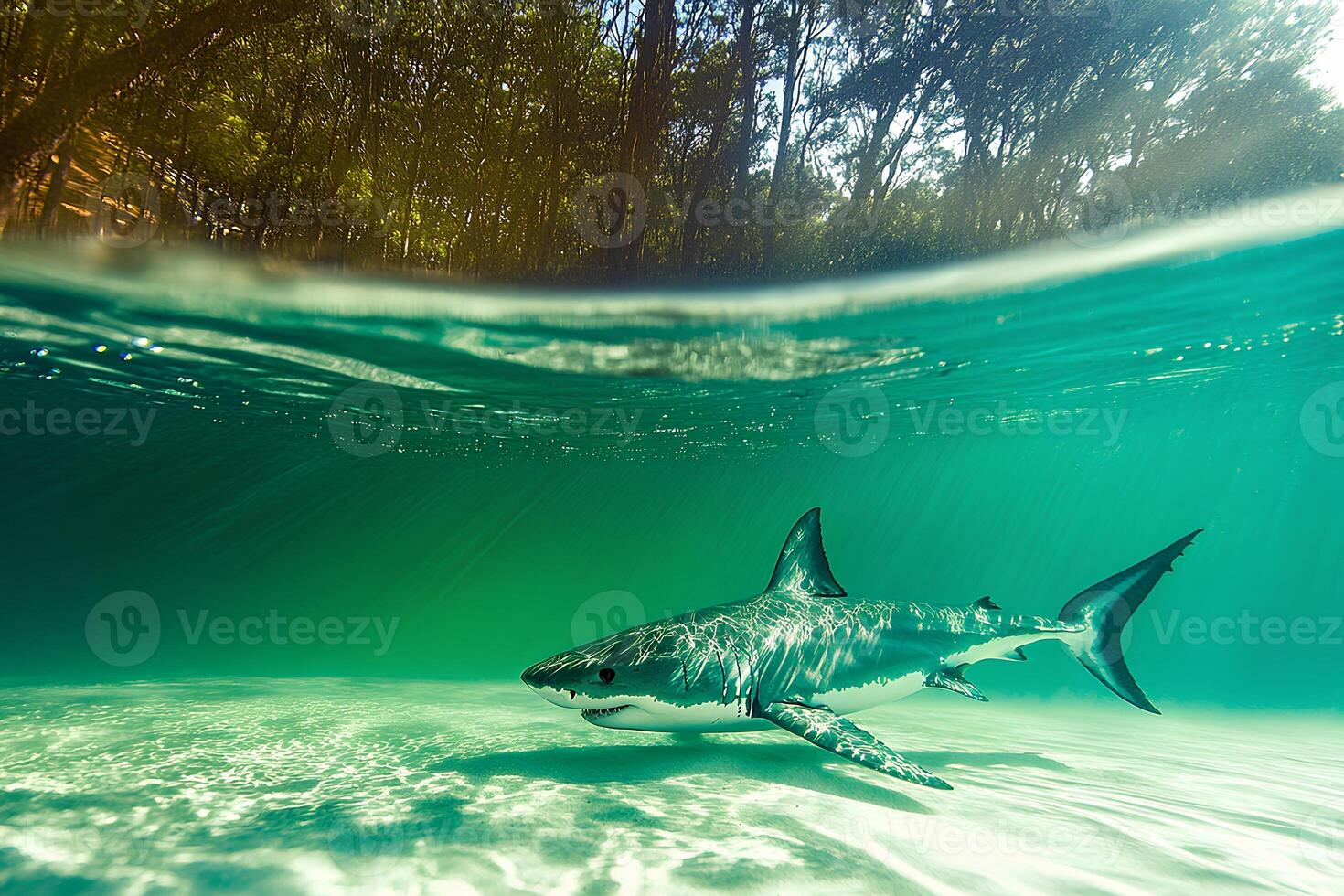 Underwater photograph of a great white shark gliding through the ocean, showcasing its powerful body and sharp features photo