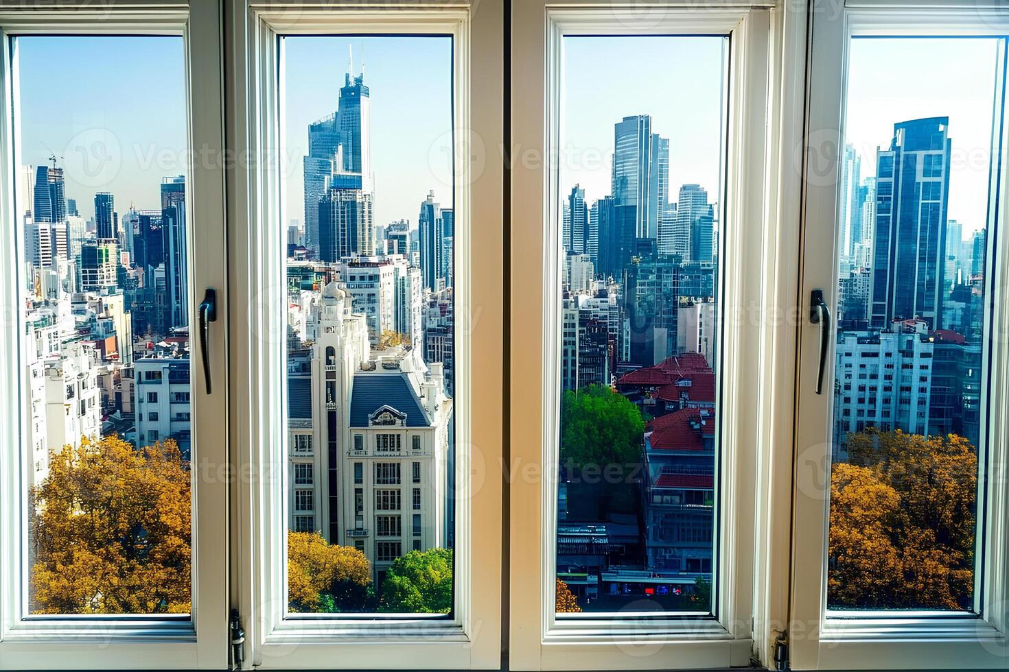 A stunning view from a window overlooking the towering skyscrapers of a bustling city. The modern architecture and urban landscape create a dynamic, energetic atmosphere of city life photo