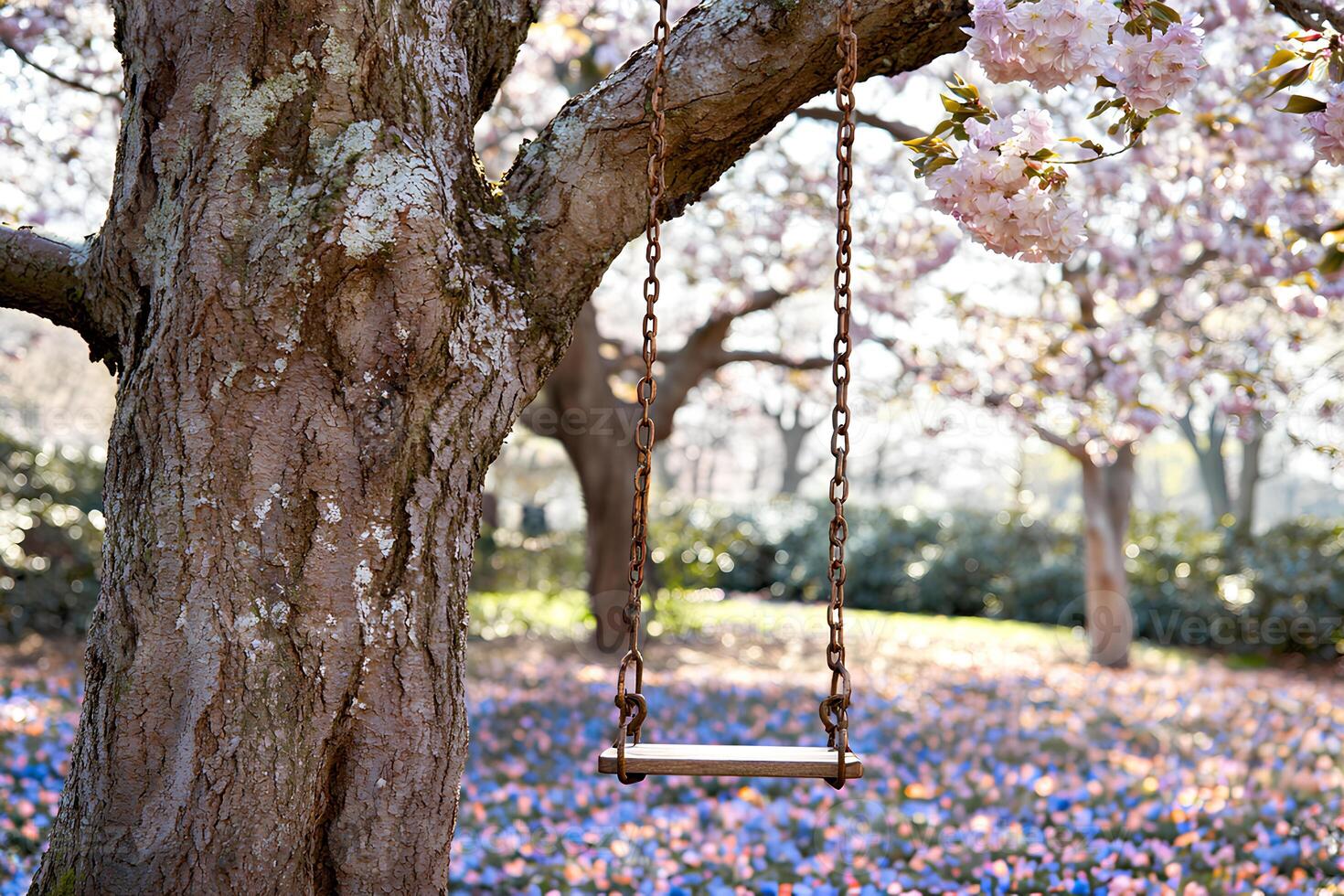 A serene scene of a swing hanging from a tree in the park, surrounded by blooming flowers. The vibrant colors and peaceful setting evoke a sense of calm and beauty in nature photo