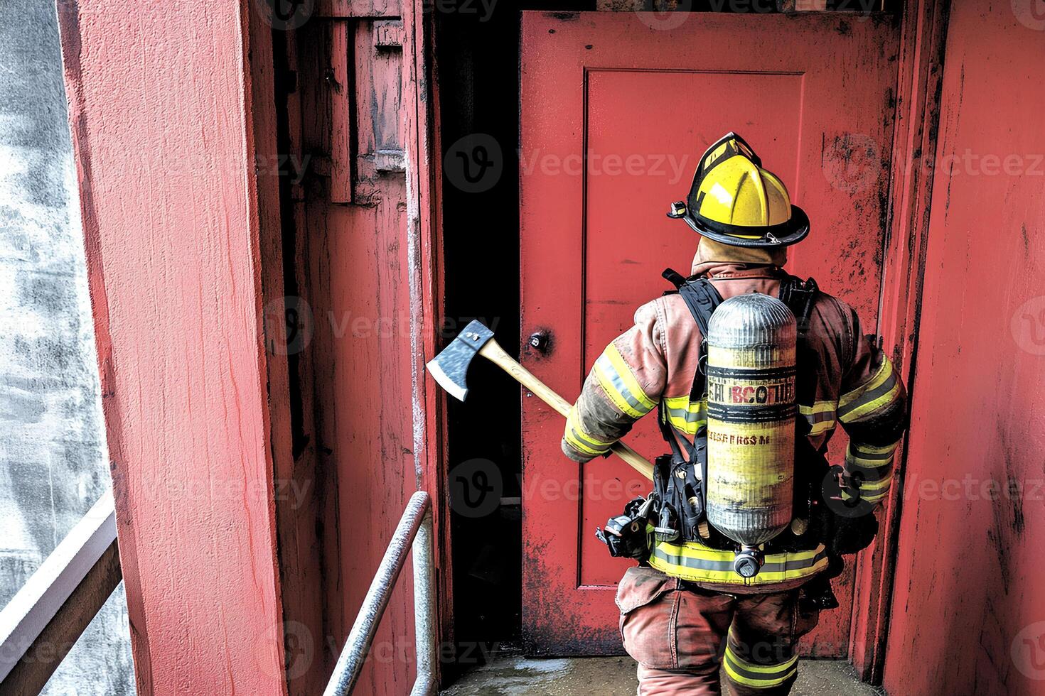 A firefighter holding an axe, standing in front of a red door during an emergency situation, ready to respond quickly to a crisis photo