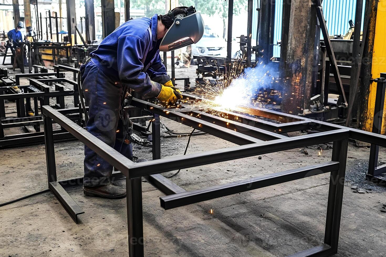 Industrial worker welding a steel structure at a construction site, showcasing metalwork and manufacturing in an industrial environment photo