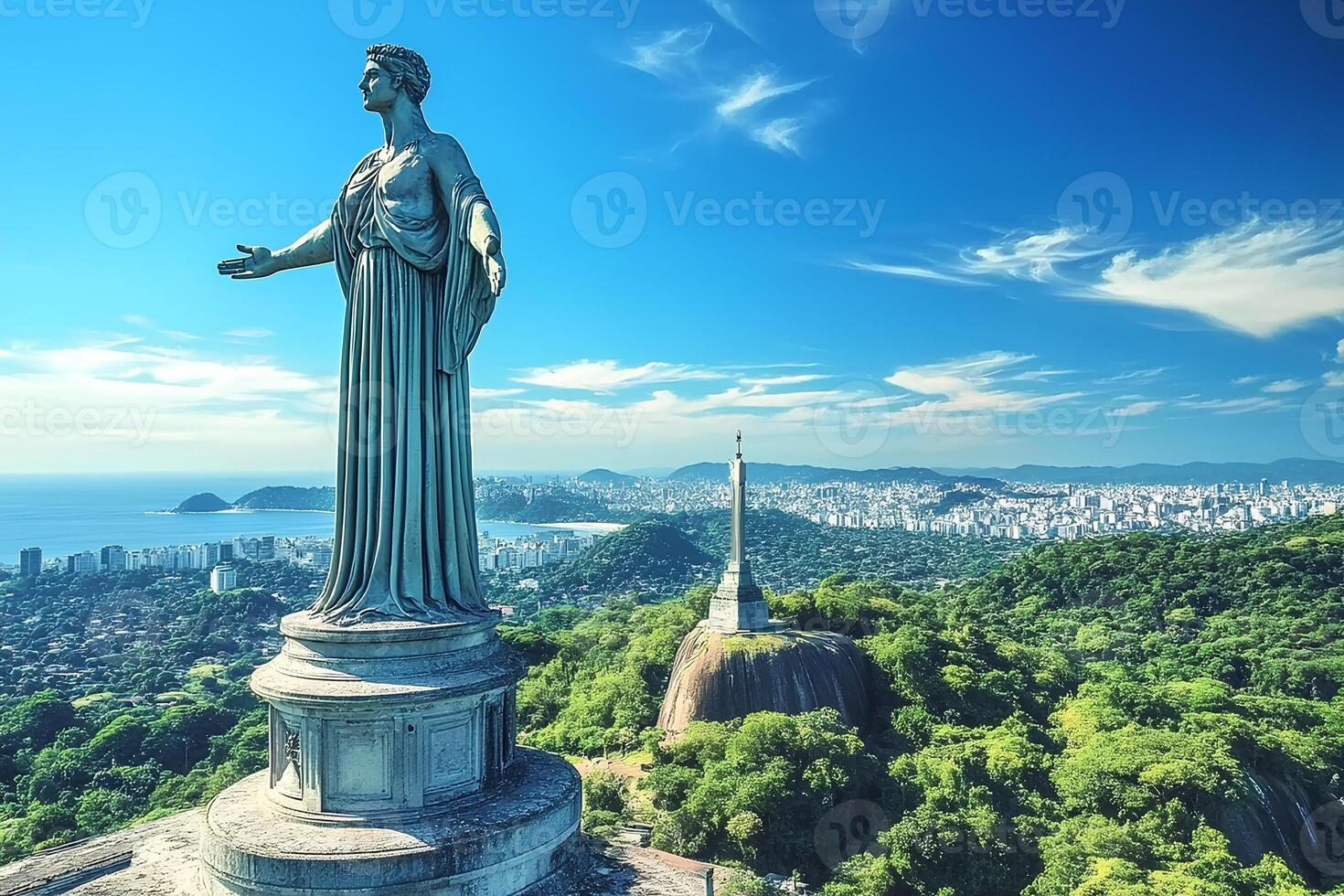 A stunning view of the Statue of Liberty standing at the top of a hill in Seoul, South Korea. The iconic statue overlooks the city, blending cultural significance with panoramic views photo