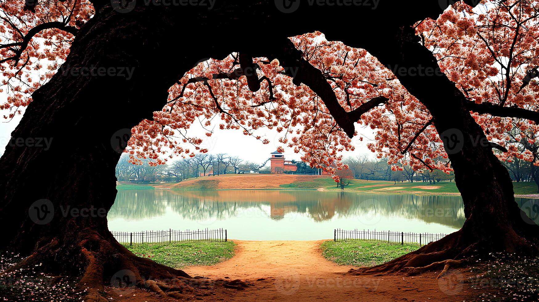 Beautiful cherry blossom tree in full bloom in a serene park in Hangzhou, China, showcasing vibrant pink flowers against a clear sky photo