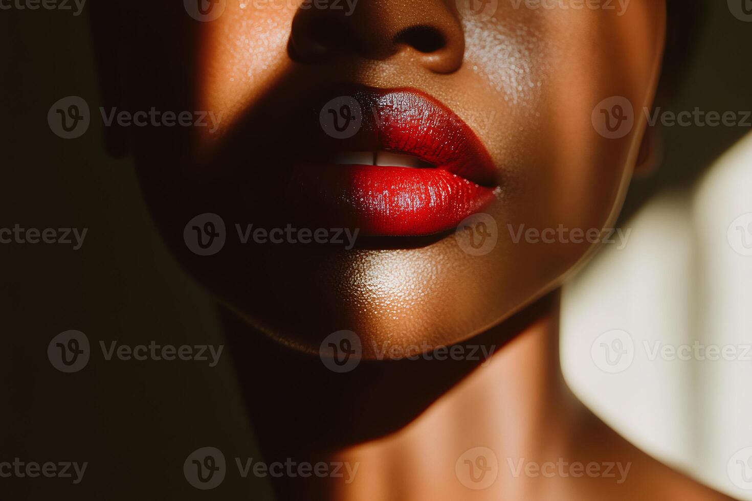 A stunning close-up portrait of an African American woman showcasing her natural beauty with bold red lips photo