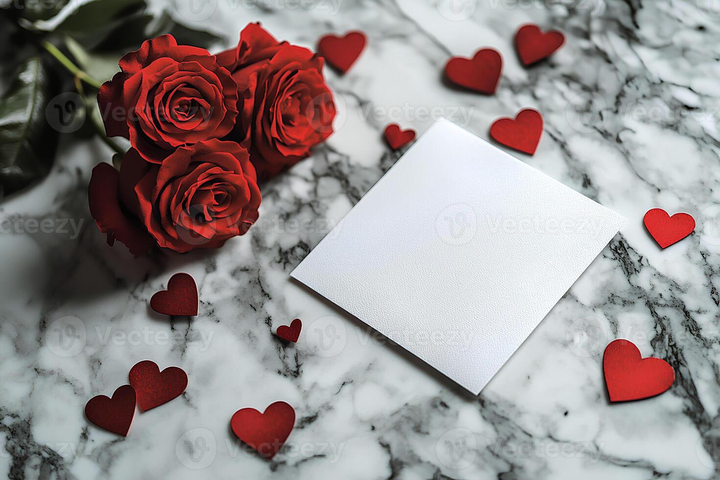 A romantic scene with fresh red roses and a blank card, perfect for conveying love and affection on Valentine's Day photo
