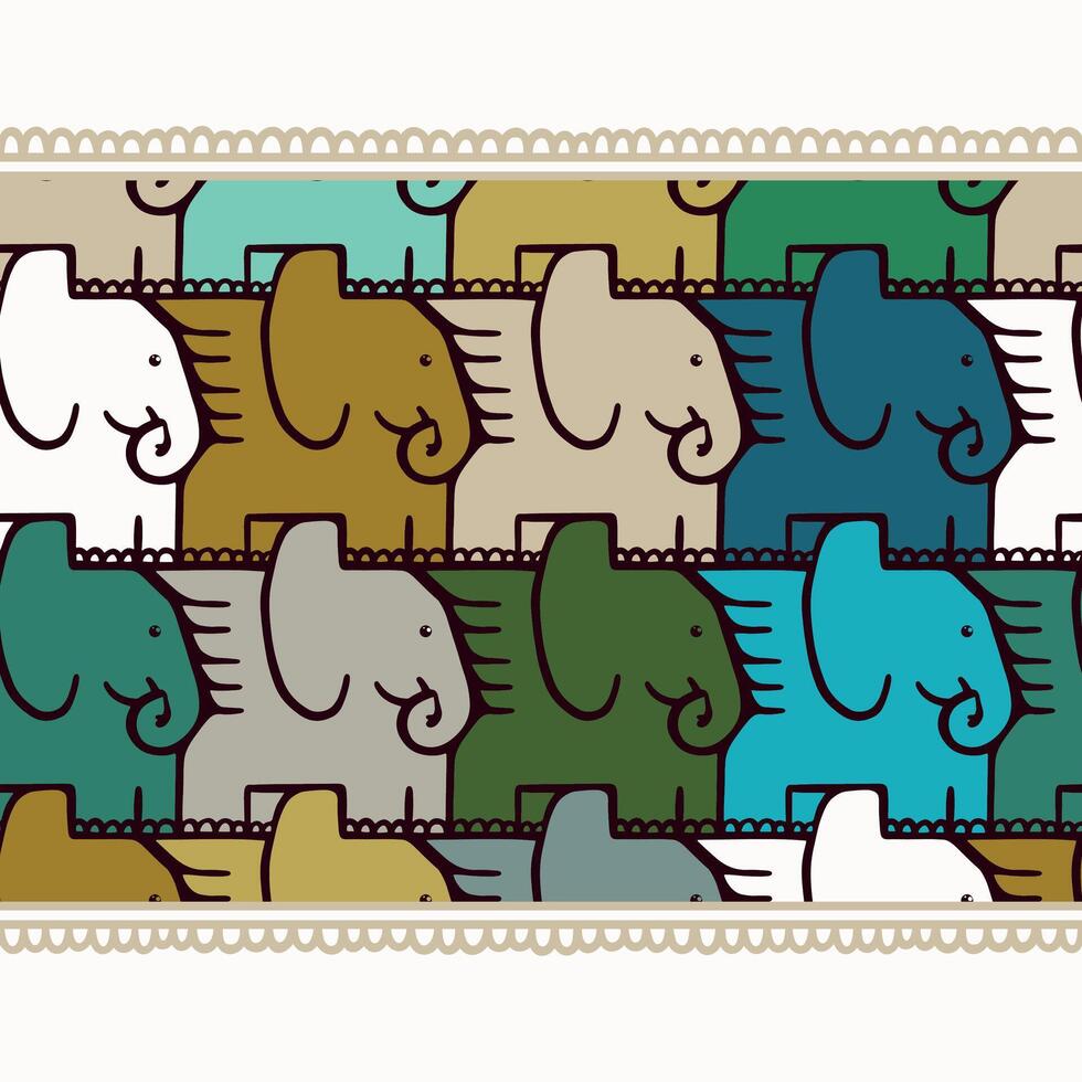 Seamless Border Pattern with Escher Style Colourful Elephants and Beige Loop Fringe vector