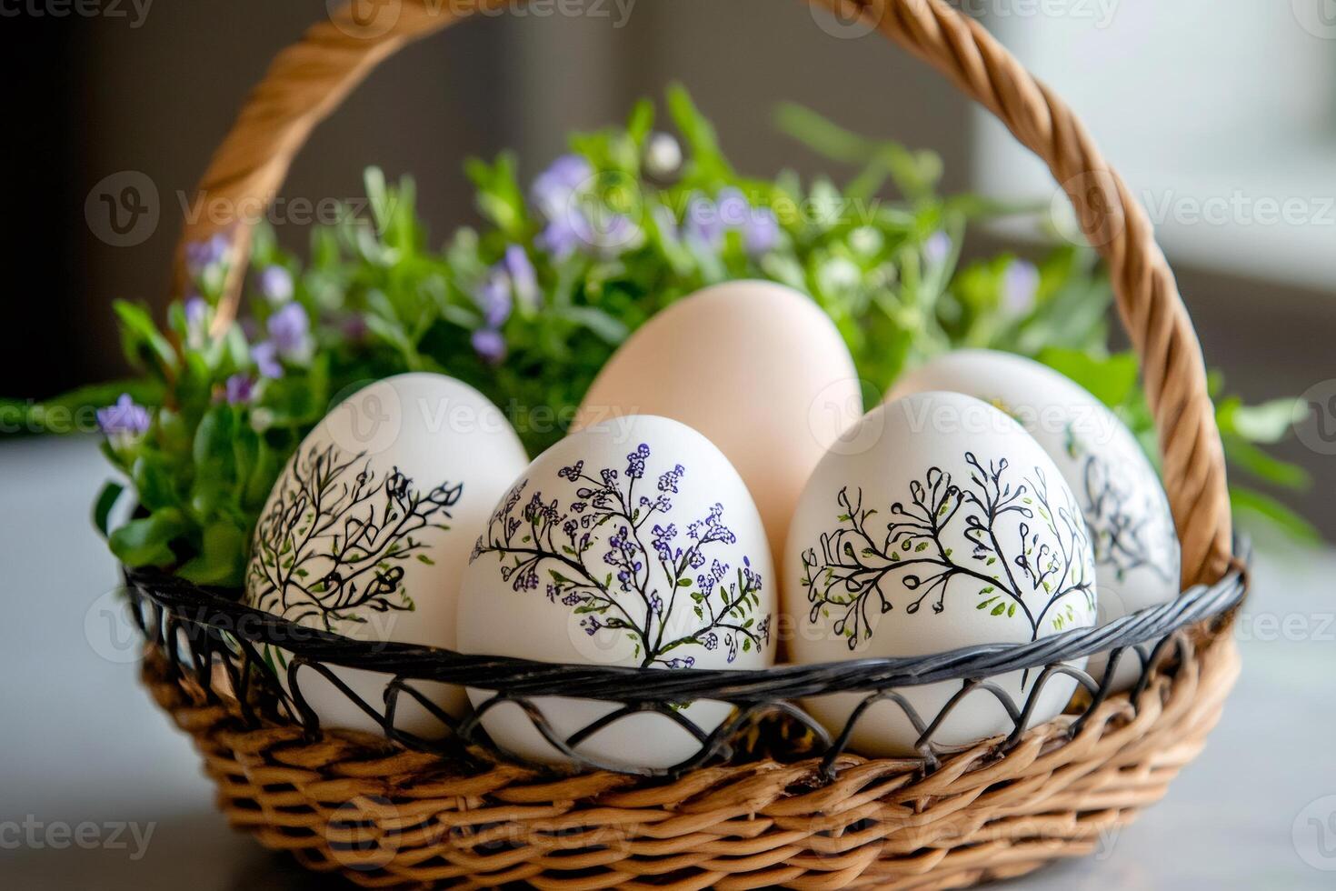 Easter eggs decorated with floral motifs resting in a wicker basket photo