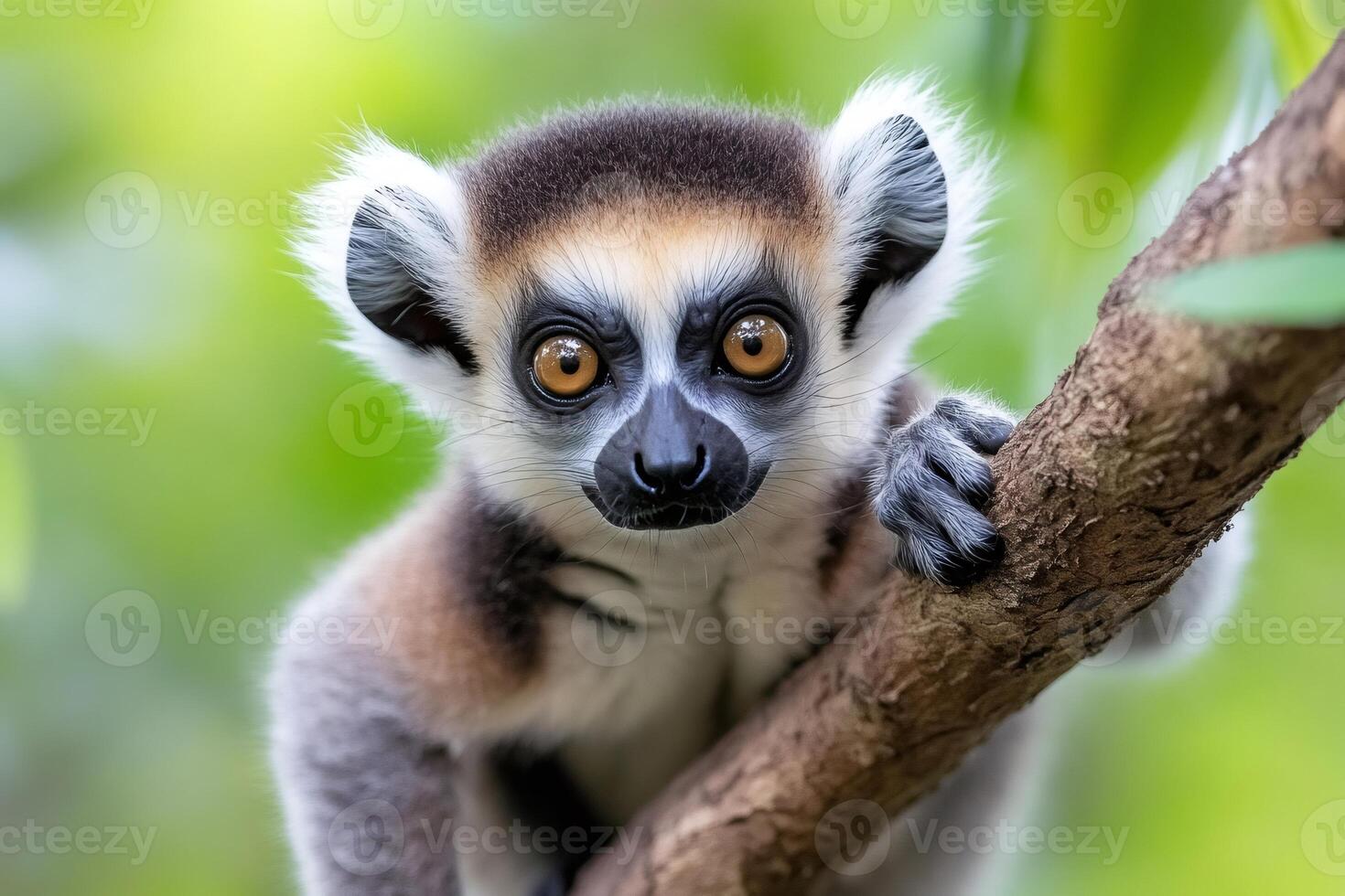 Crowned lemur holding a tree branch in madagascar photo