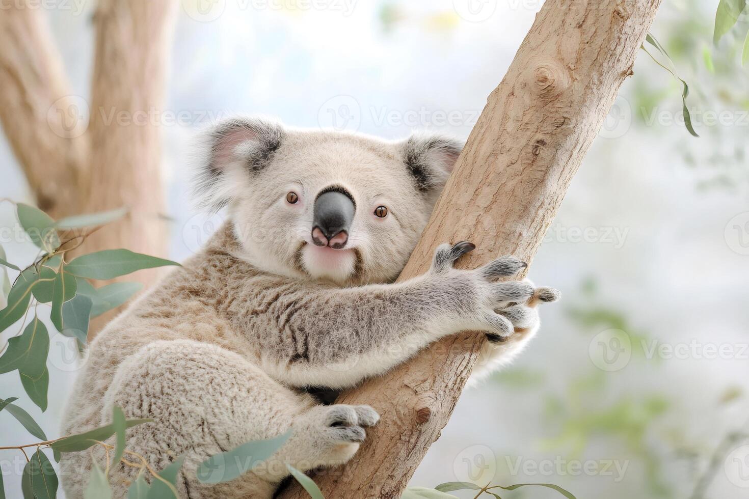 Koala hugging eucalyptus tree branch looking at viewer photo
