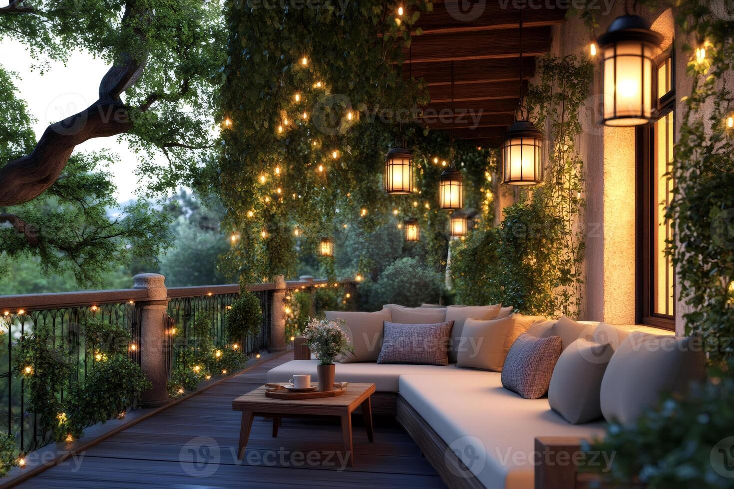 Cozy outdoor patio illuminated with string lights inviting to relax and enjoy the evening photo