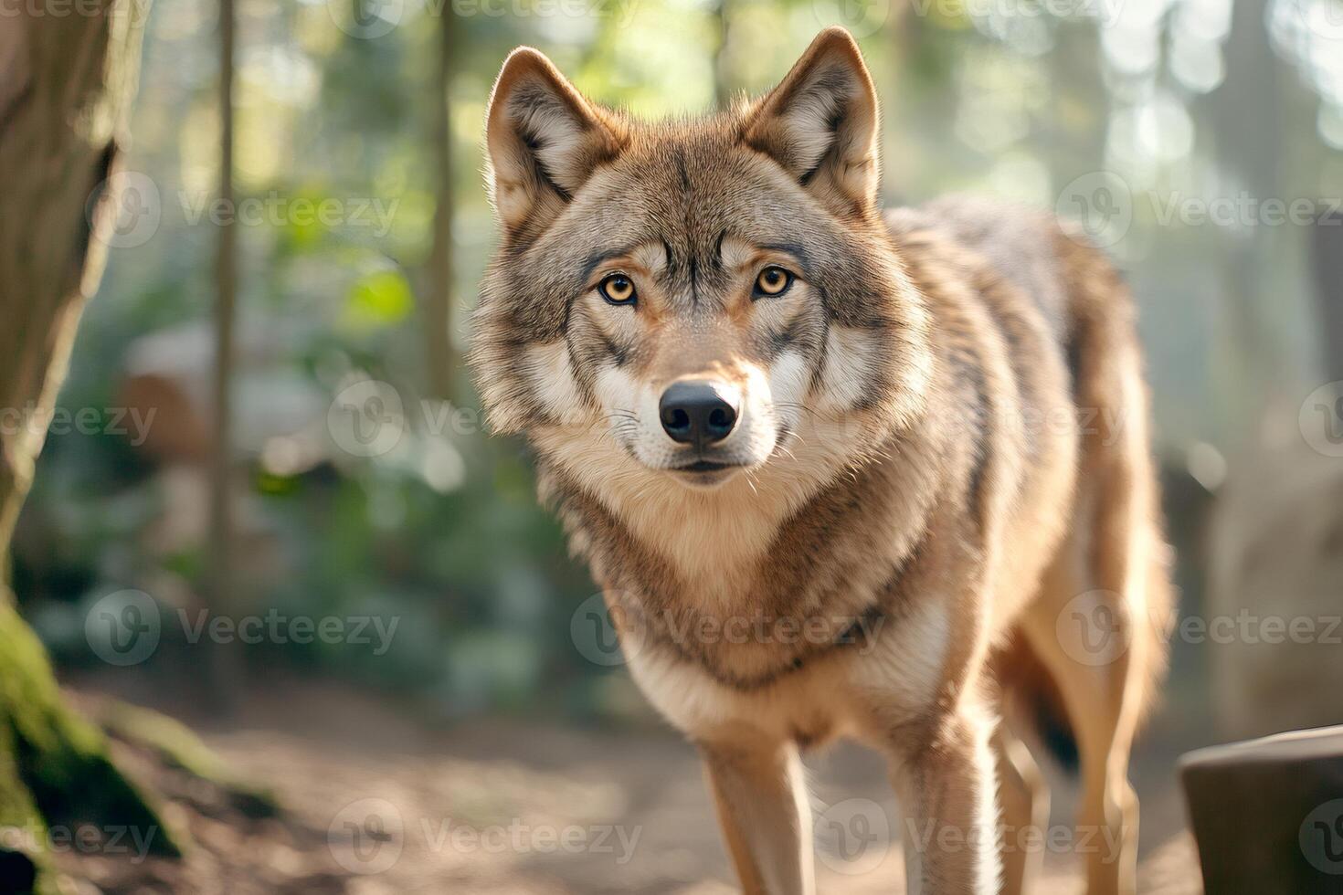 Mexican gray wolf standing in the forest and looking forward photo