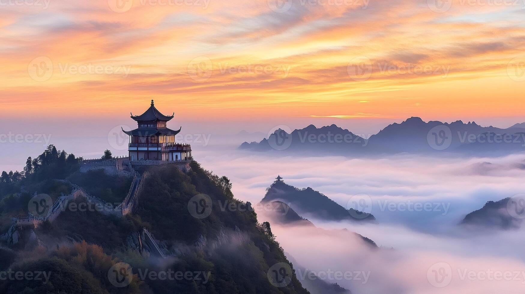 Sunrise illuminating traditional chinese temple on mountain peak above the clouds photo
