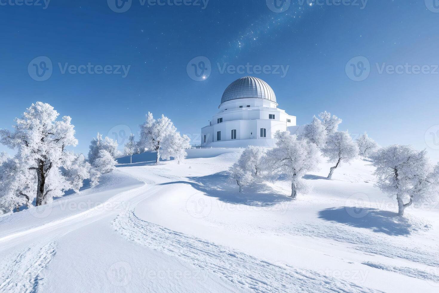 Snowy mountain road leading to an astronomical observatory under a starry sky photo