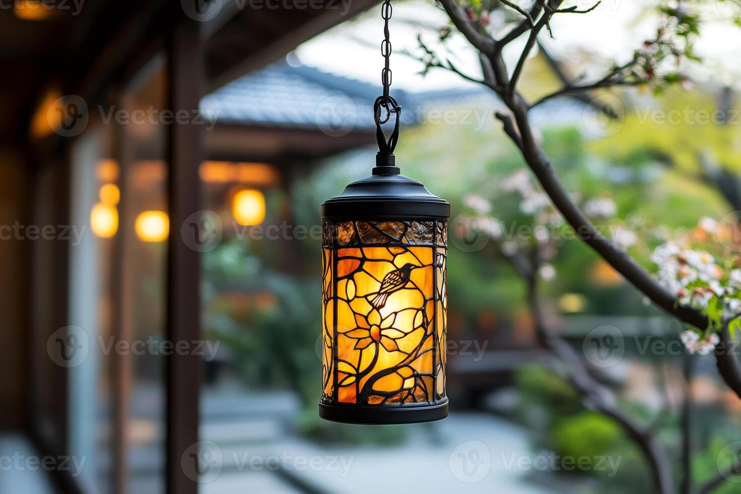 Hanging tiffany lamp illuminating japanese garden photo