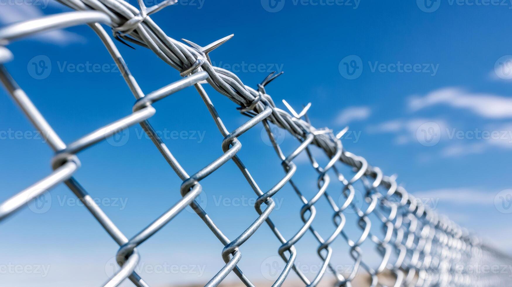 Chain link fence topped with barbed wire under blue sky. photo