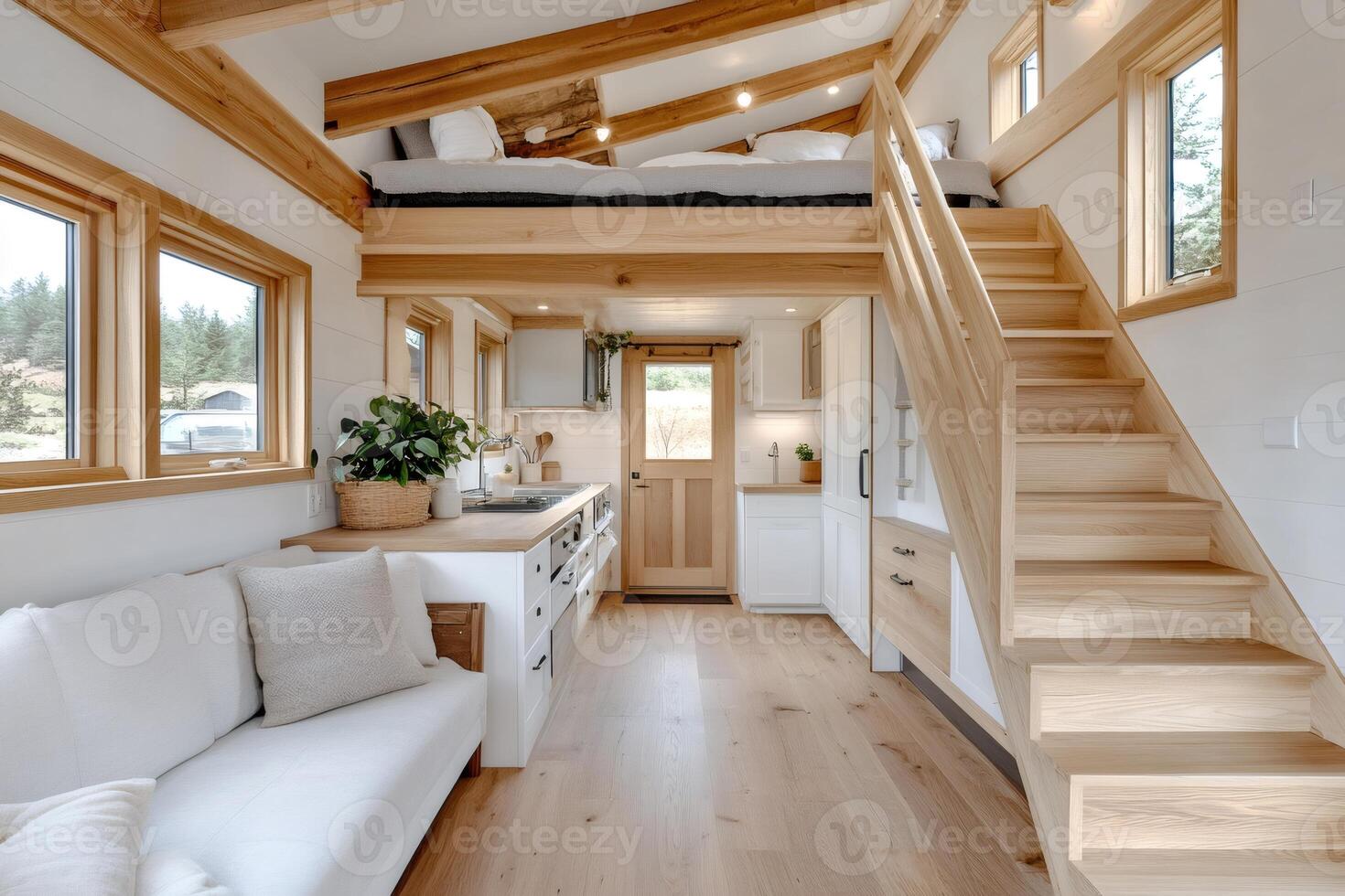 Modern tiny house interior featuring a kitchen, living room and a loft bedroom photo