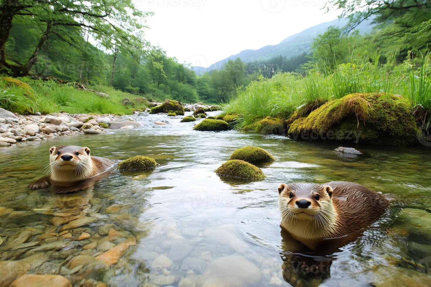 Two eurasian otters swimming in a clear river photo