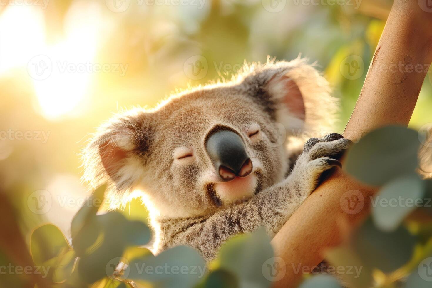 Cute koala is sleeping on eucalyptus tree at sunset with closed eyes photo