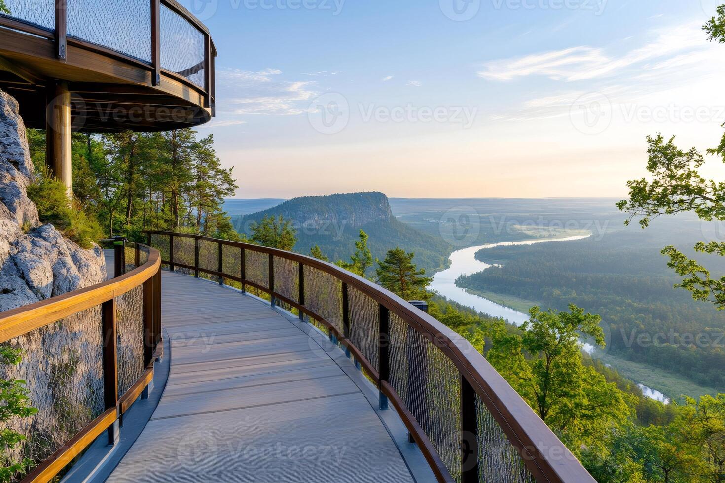 Wooden walkway offering breathtaking view of river and Lilienstein mountain in Saxon Switzerland National Park photo