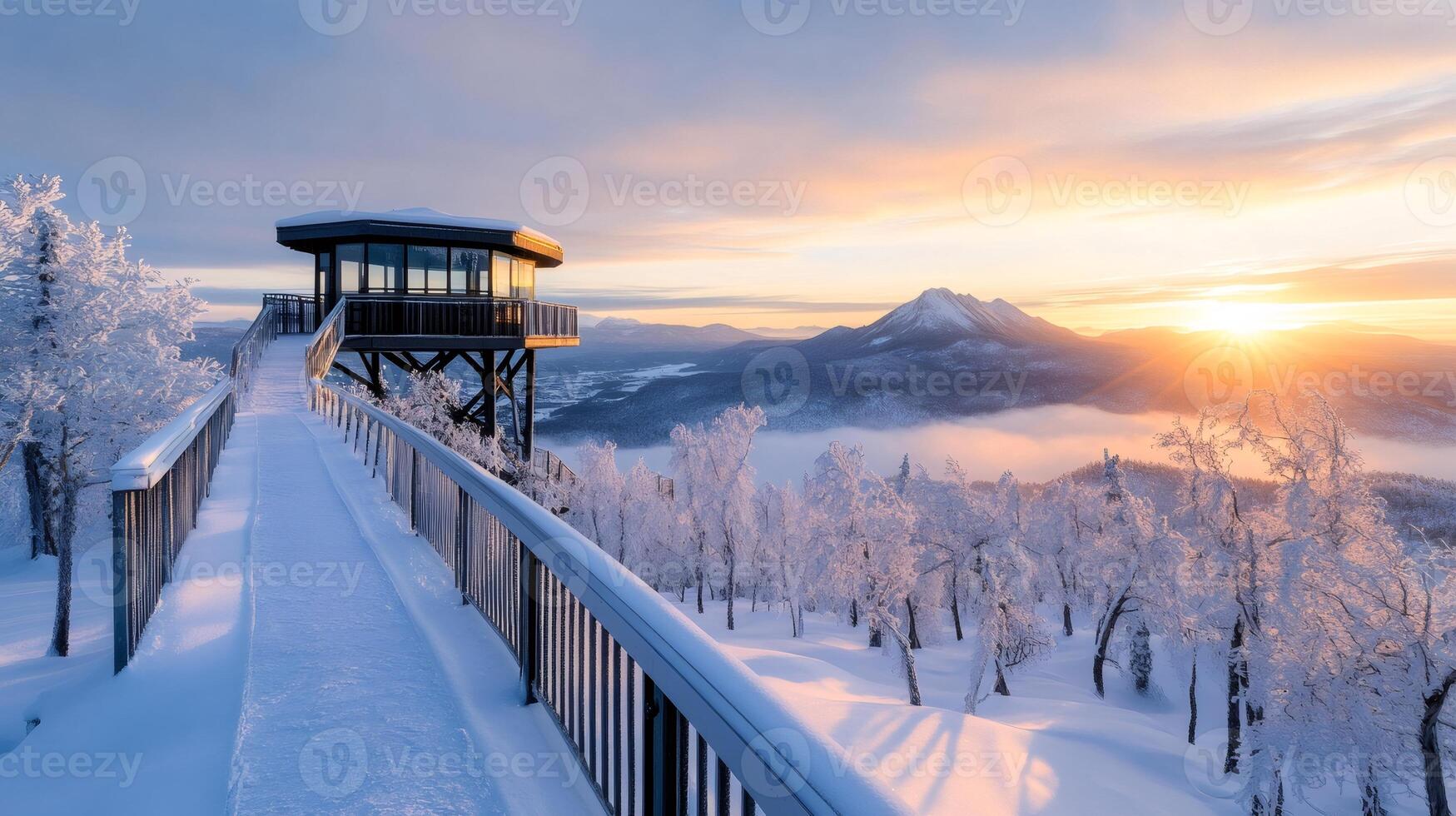 Wooden walkway leading to observation tower in snowy mountain at sunrise photo