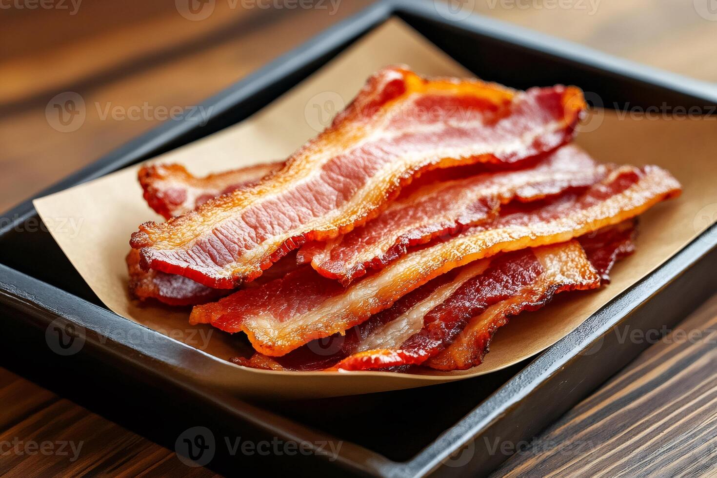 Delicious crispy bacon resting on baking paper in black tray photo