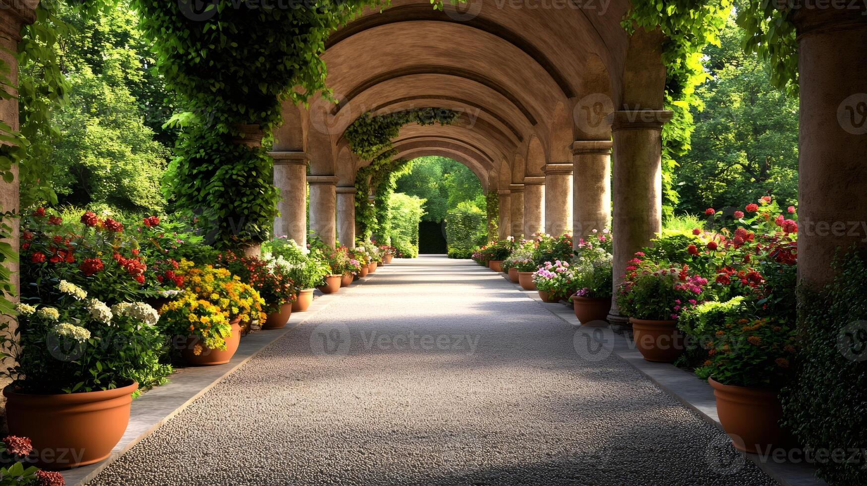 Beautiful colonnade with flowers decorating a garden path photo