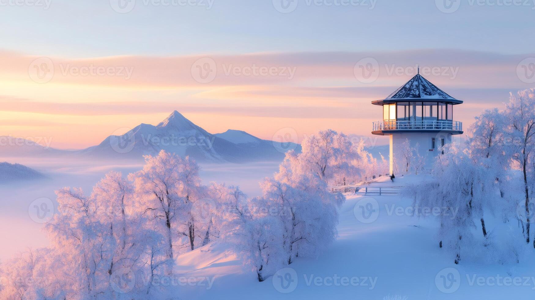 Panoramic view of snow covered trees and mountains during beautiful winter sunrise with observation tower photo