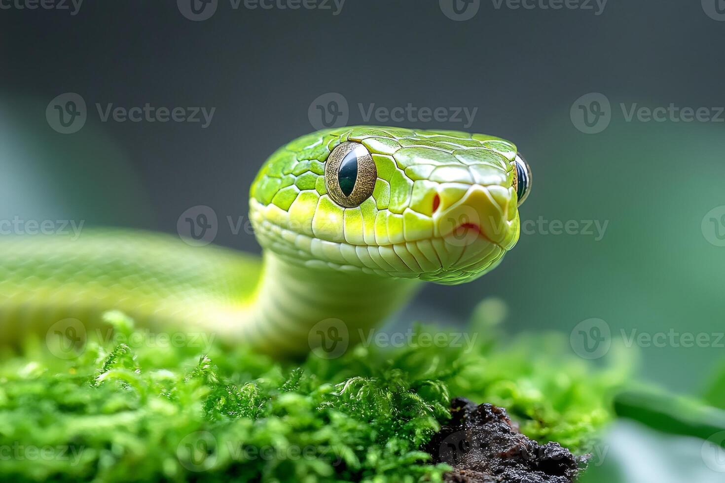 Green snake slithering on moss with intense gaze photo