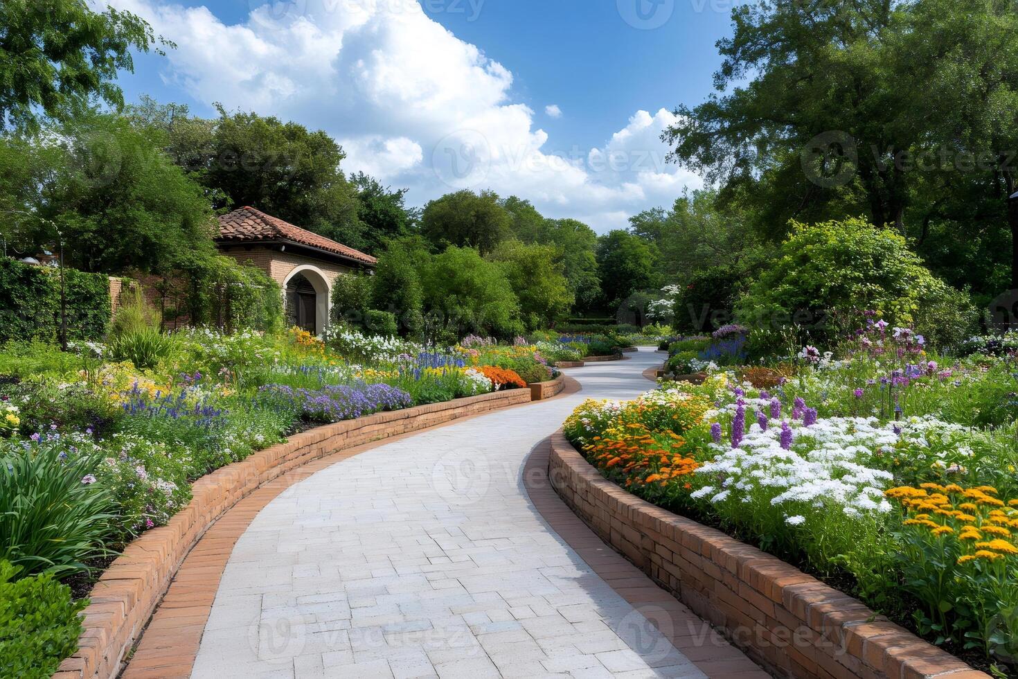 Winding path inviting visitors to explore colorful flowerbeds in a botanical garden photo