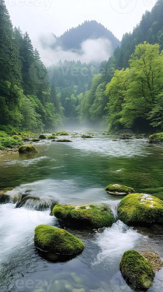 Pristine river flowing through a lush green forest in the mountains photo