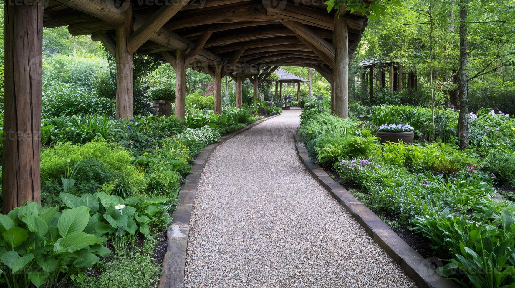 Gravel path winding through a lush garden under a wooden pergola photo