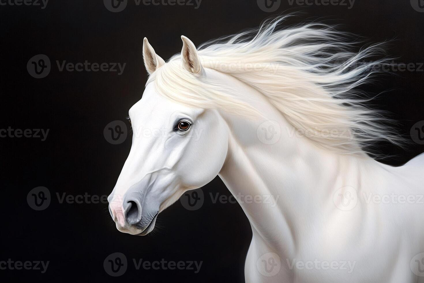 White horse running with mane in the wind on black background photo