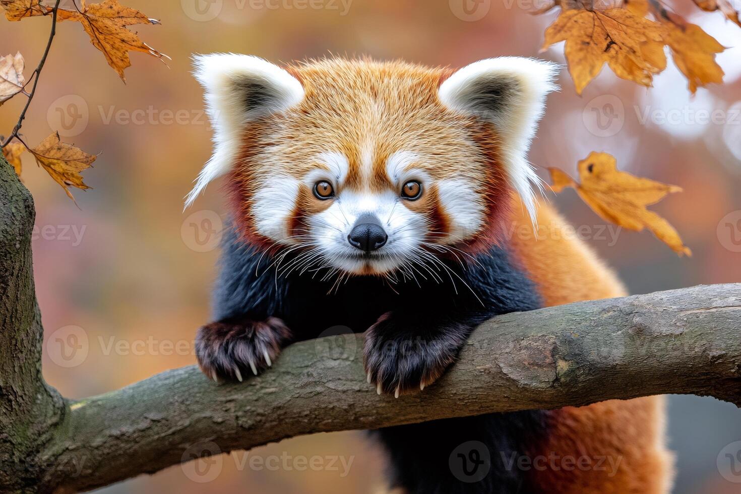 Red panda relaxing on a tree branch in autumn photo