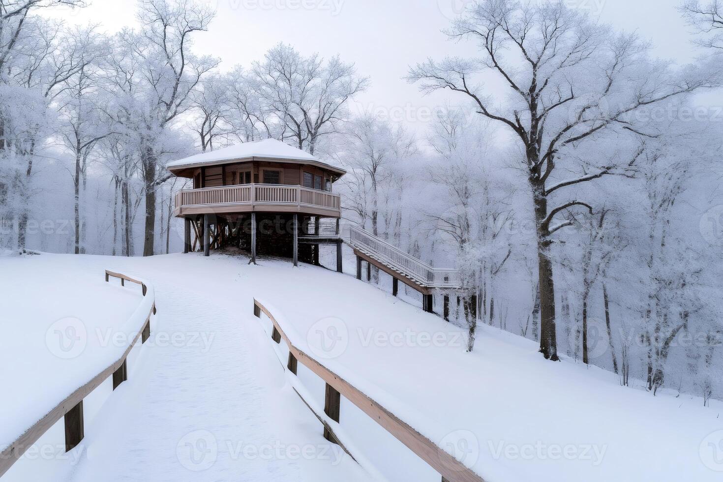 Wooden cabin in snowy forest with pathway leading to it during winter photo